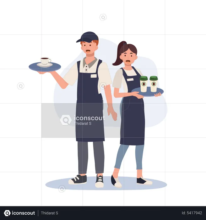 Waiter and waitress holding a tray with coffee  Illustration