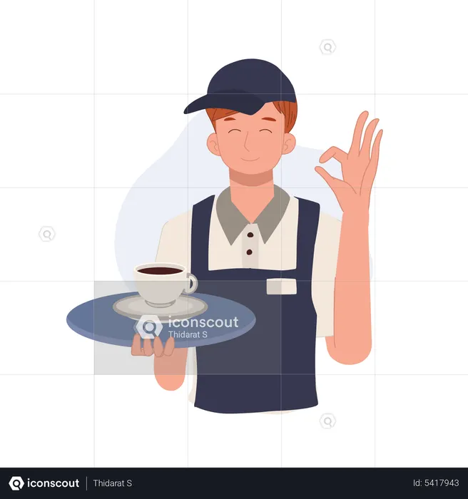 Waiter carrying a tray with coffee is doing okay hand sign  Illustration