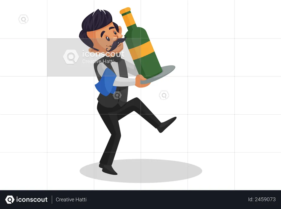 Waiter carrying champagne bottle on the plate  Illustration