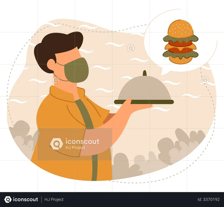 Waiter carrying food wearing a face mask  Illustration