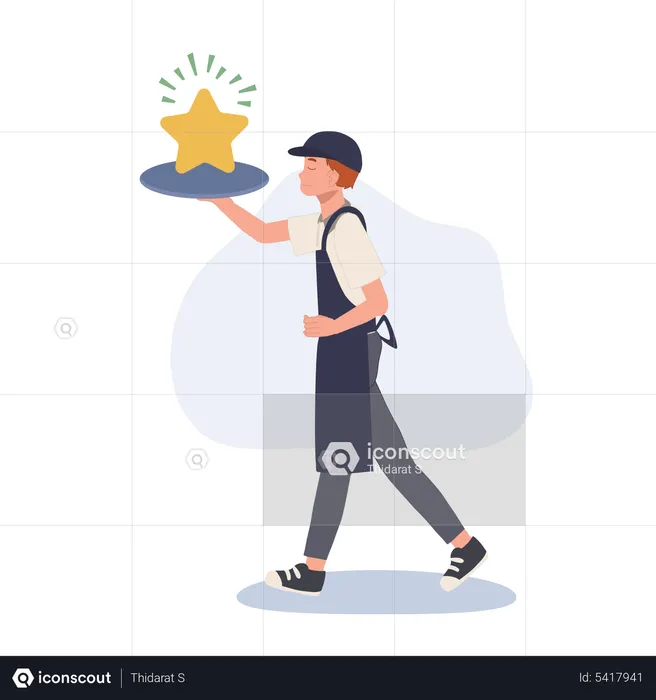 Waiter carrying golden shining star on tray  Illustration