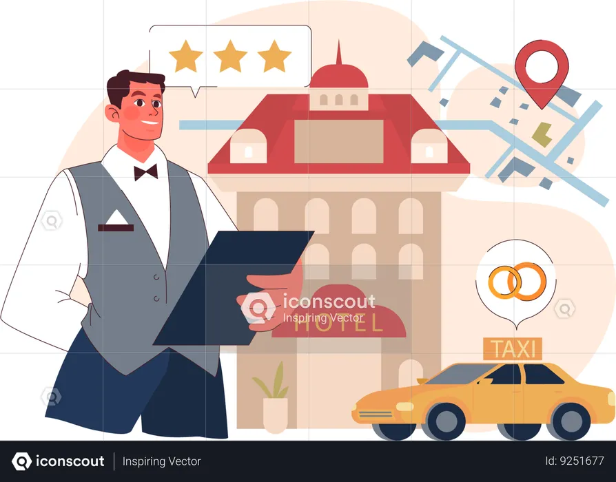 Waiter doing job at three stars hotel  Illustration