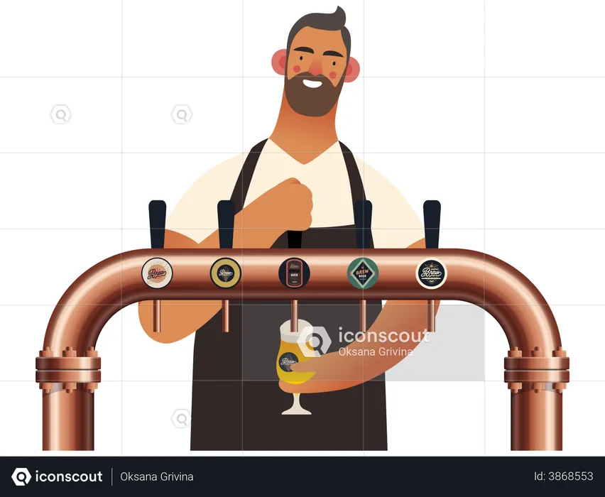 Waiter filling beer in glass  Illustration