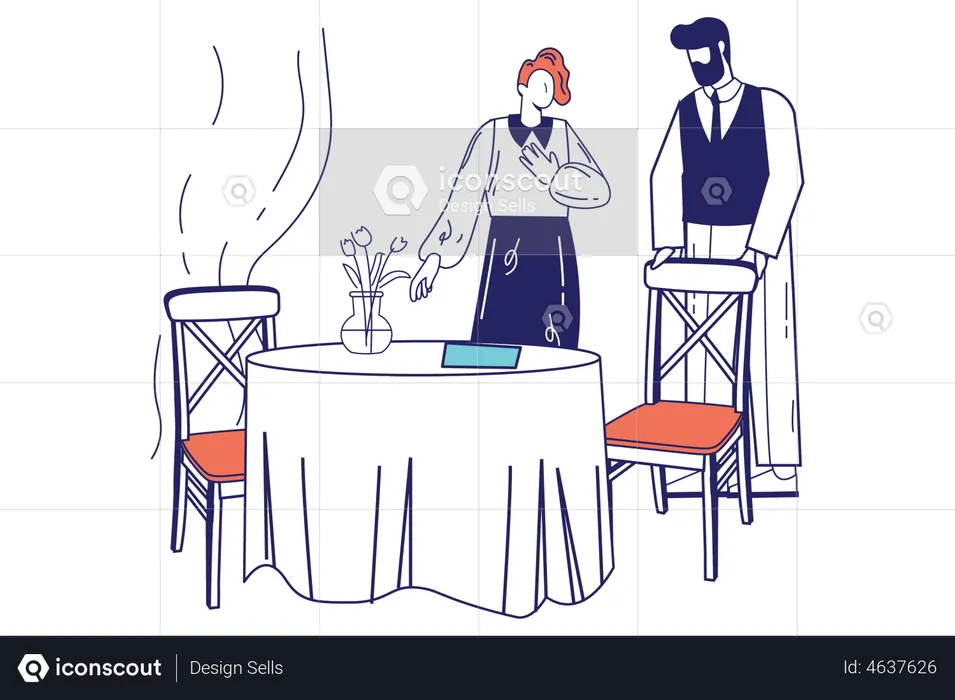 Waiter greets female visitor  Illustration