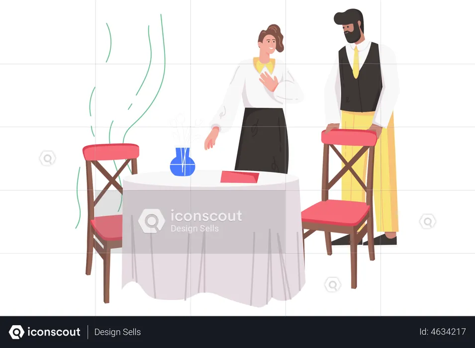 Waiter greets female visitor  Illustration