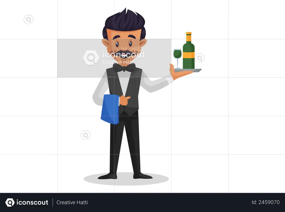 Waiter holding a cloth in one hand and a plate with champagne bottle in other hand  Illustration