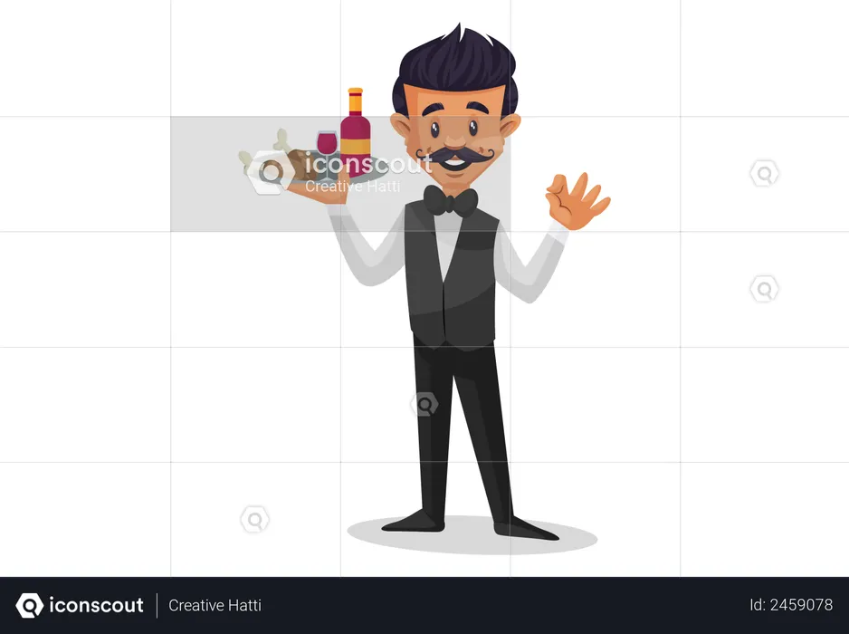 Waiter holding food and bottle plate in one hand and waving other hand  Illustration