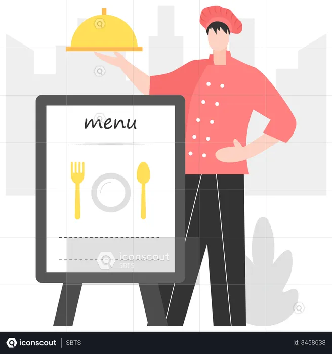 Waiter holding recipe dish near restaurant big menu  Illustration