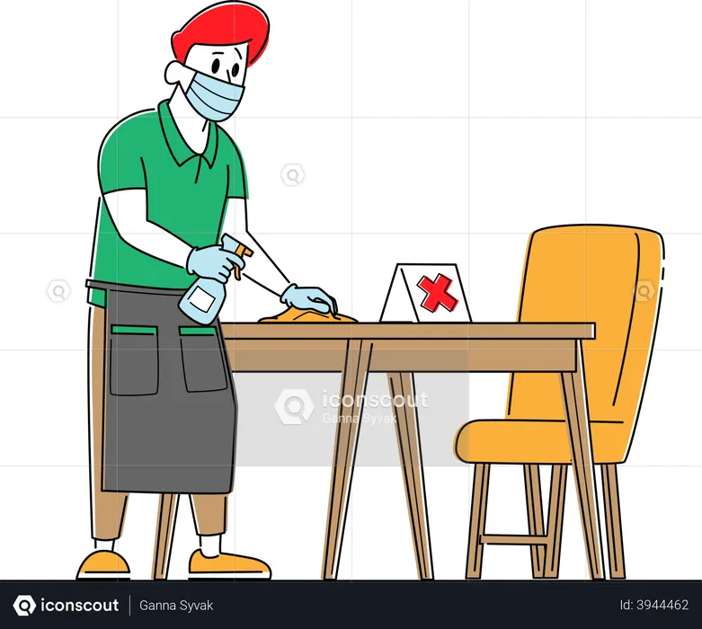 Waiter in Protective Face Mask and Gloves Disinfecting Tables at Cafe or Restaurant  Illustration