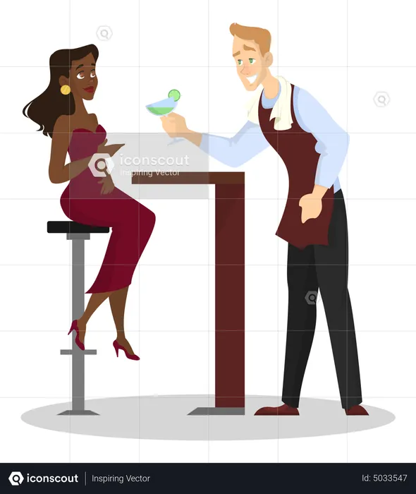 Waiter in the uniform holding cocktail for young beautiful woman  Illustration