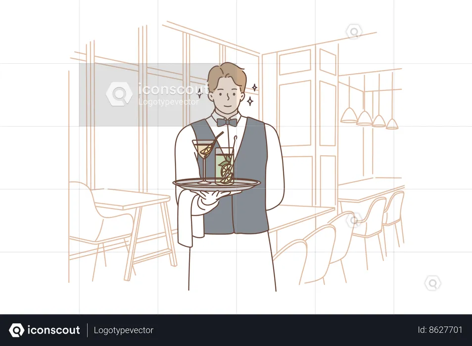 Waiter is serving alcoholic drink to customers  Illustration