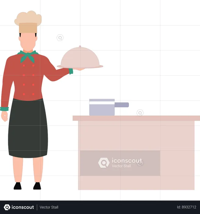 Waiter is standing in the kitchen  Illustration
