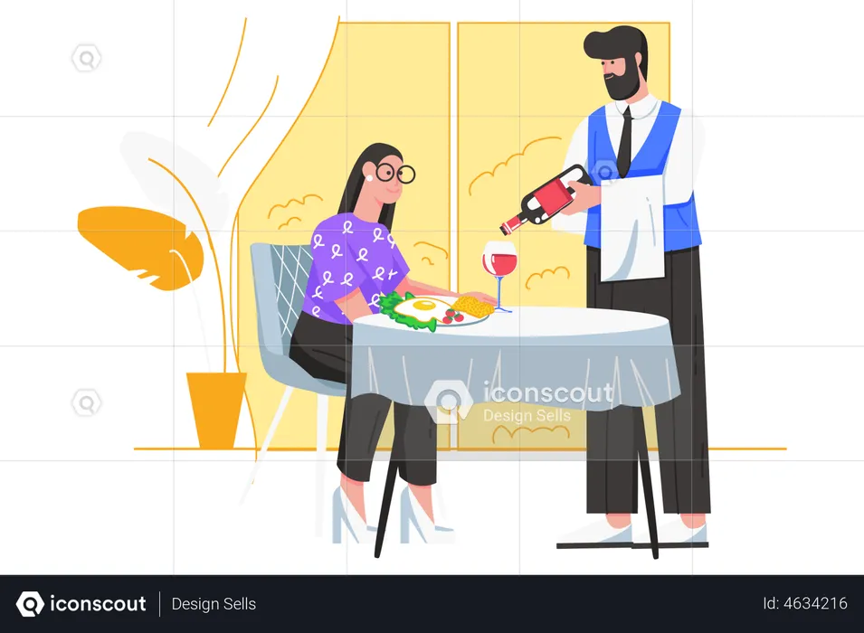 Waiter pours wine into glass of visitor  Illustration