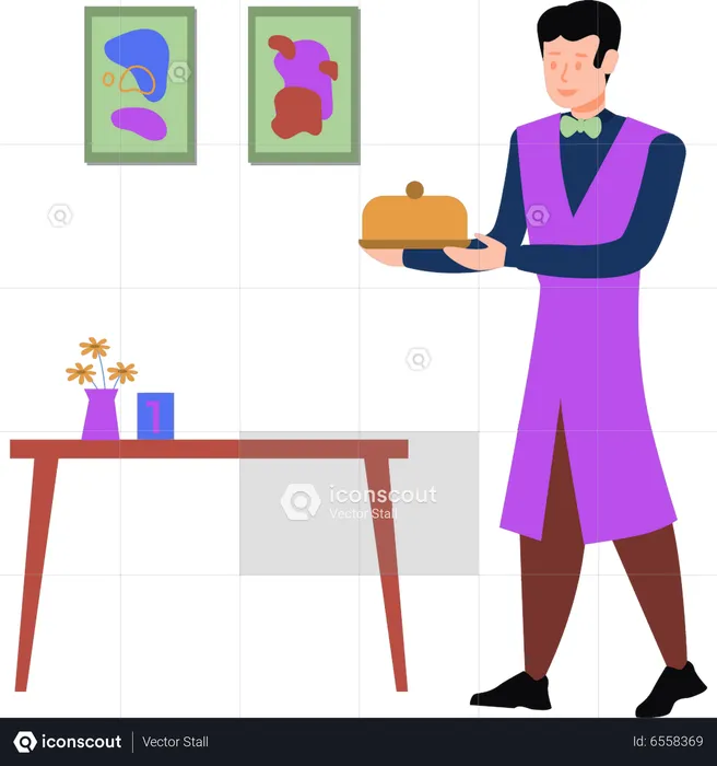 Waiter serving dish  Illustration