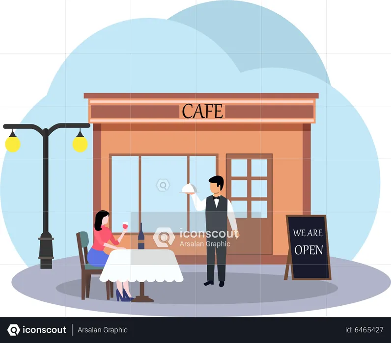 Waiter serving food outside cafe  Illustration