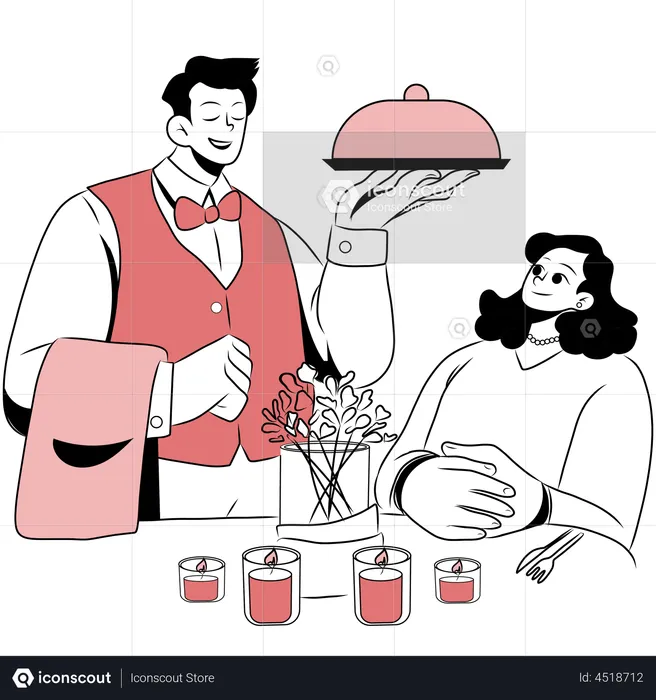 Waiter serving food to woman  Illustration