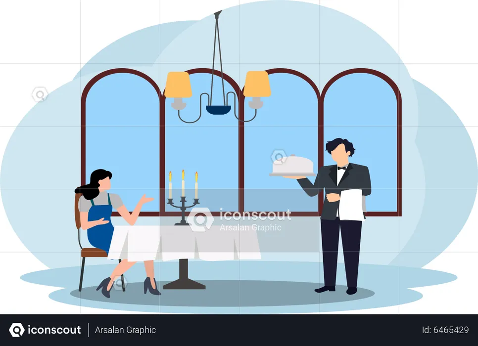 Waiter serving food to woman  Illustration