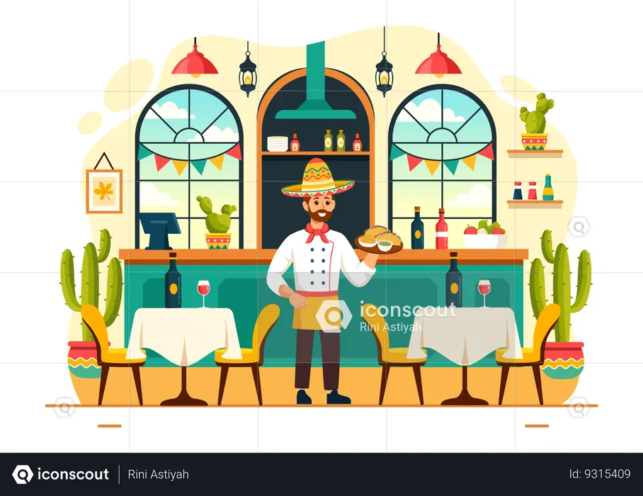 Waiter serving Mexican food at restaurant  Illustration