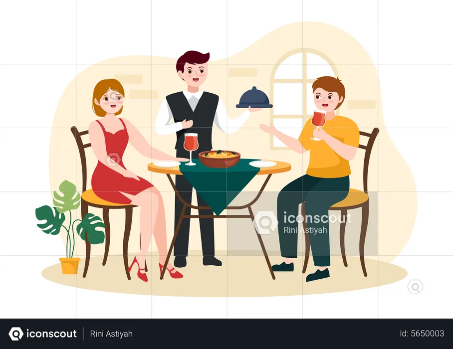 Waiter serving spanish food to couple  Illustration