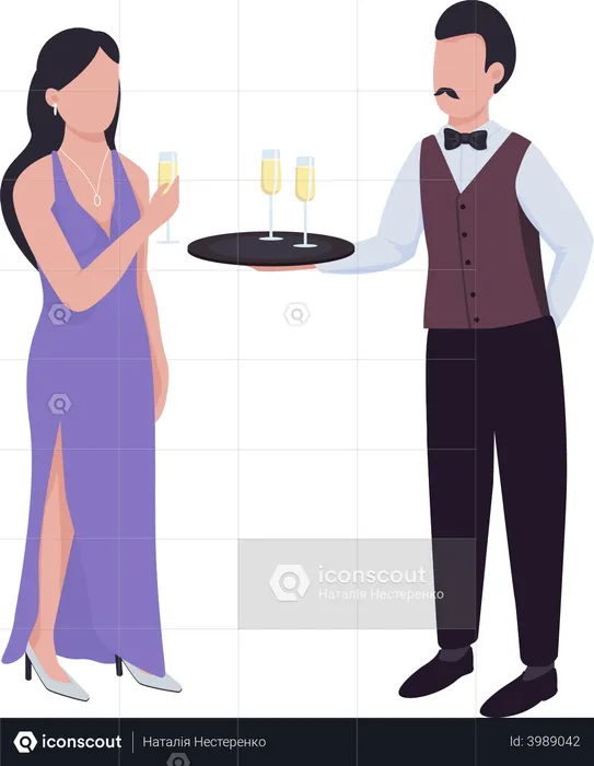 Waiter serving sparkling wine to lady  Illustration