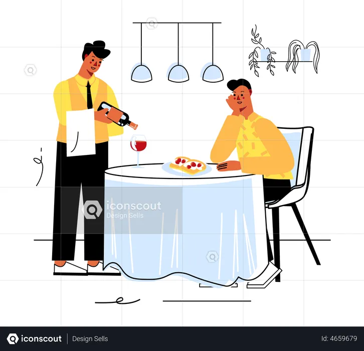 Waiter serving wine and food  Illustration