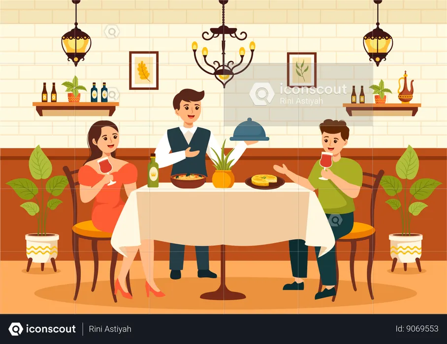 Waiter severing food at Spanish Restaurant  Illustration