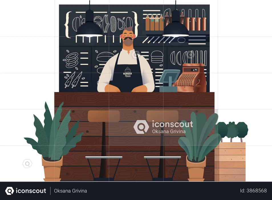 Waiter standing at burger shop  Illustration