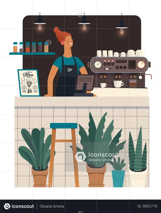 Waiter standing at coffee shop  Illustration