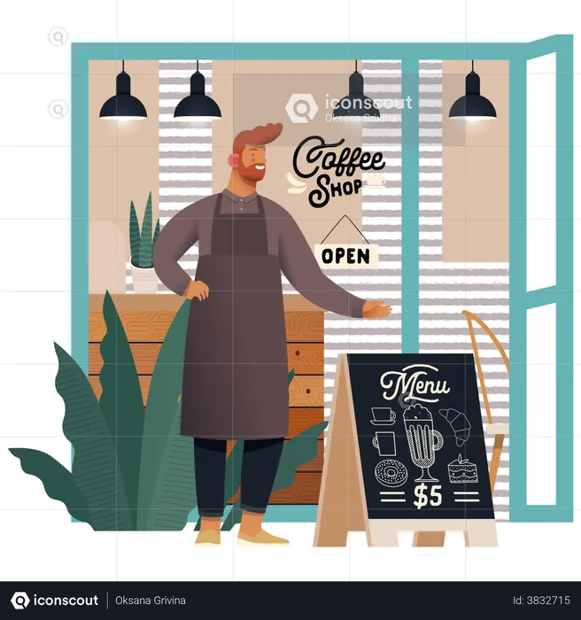 Waiter standing in coffee shop  Illustration