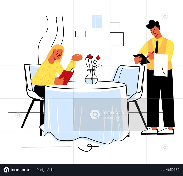 Waiter taking order from woman  Illustration