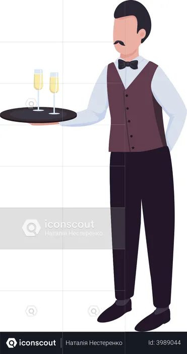 Waiter with sparkling wine on tray  Illustration