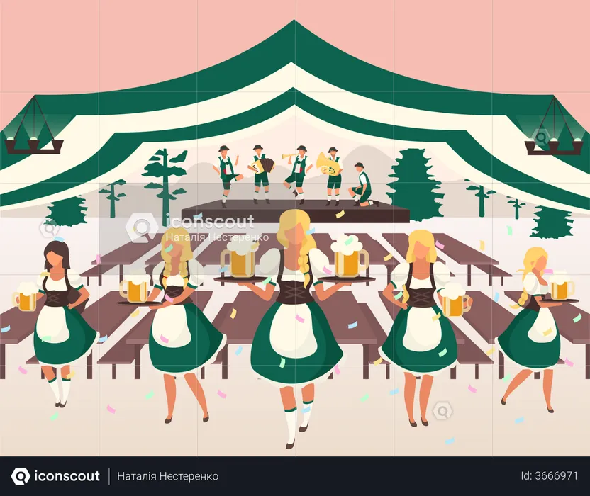 Waiters in national costumes serving drinks  Illustration