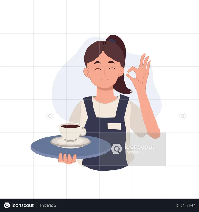 Waitress carrying a tray with coffee is doing okay hand sign  Illustration