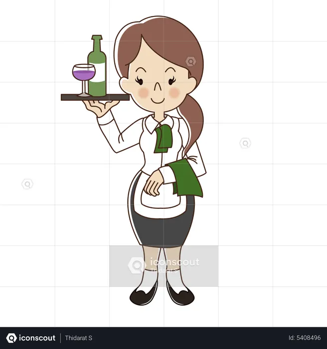 Waitress serve glass of wine and bottle of wine  Illustration