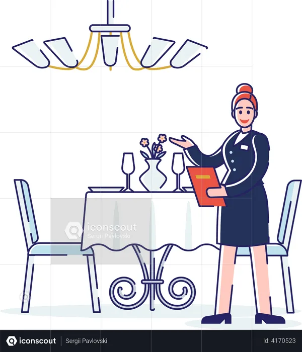 Waitress Serving People In the Restaurant  Illustration