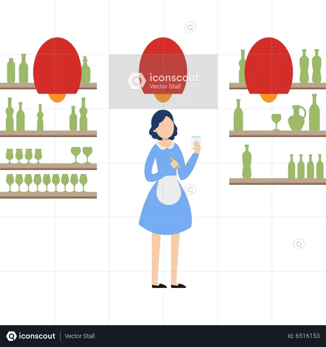 Waitress standing at bar  Illustration