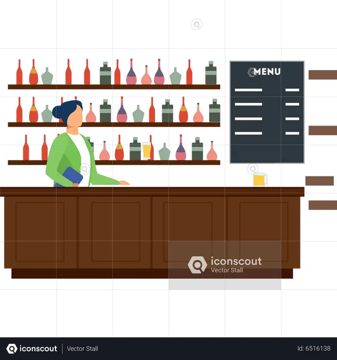 Waitress standing at bar counter  Illustration