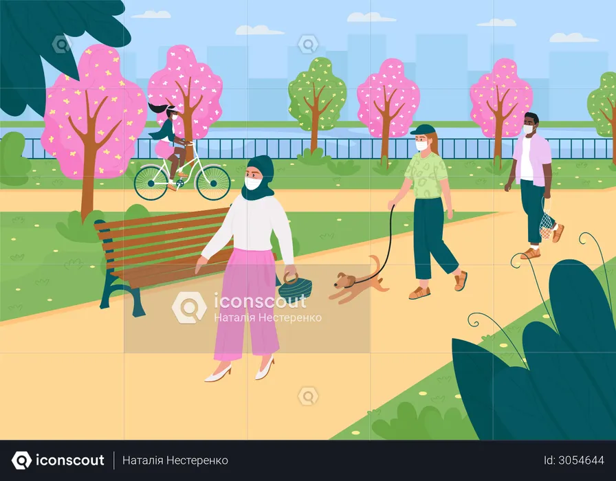 Walk in spring park during quarantine  Illustration