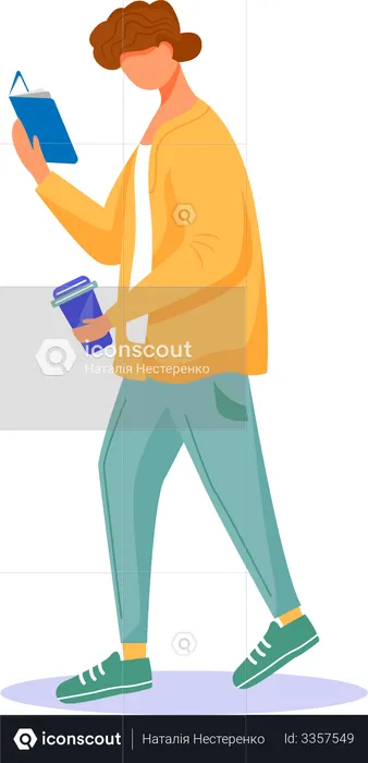 Walking Man with book and coffee glass  Illustration