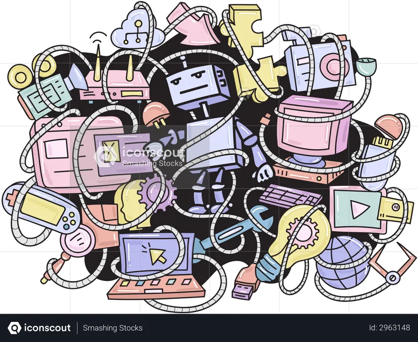 Wall Art of Robot and Gadgets  Illustration