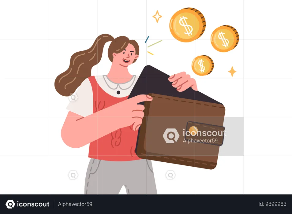 Wallet in hand woman considering own budget for financial planning and accounting for expenses  Illustration