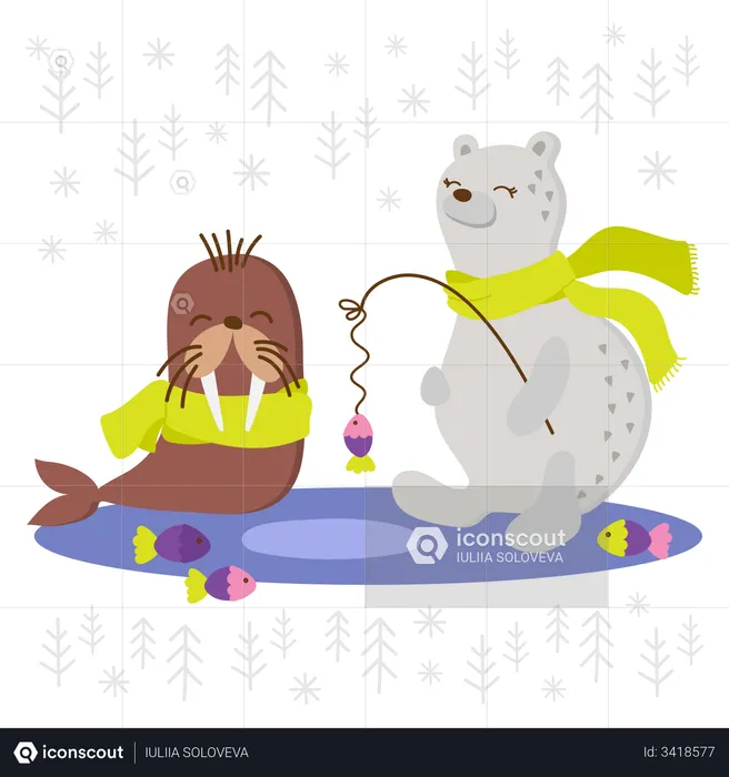 Walrus a Polar Bear Fishing during winter season  Illustration