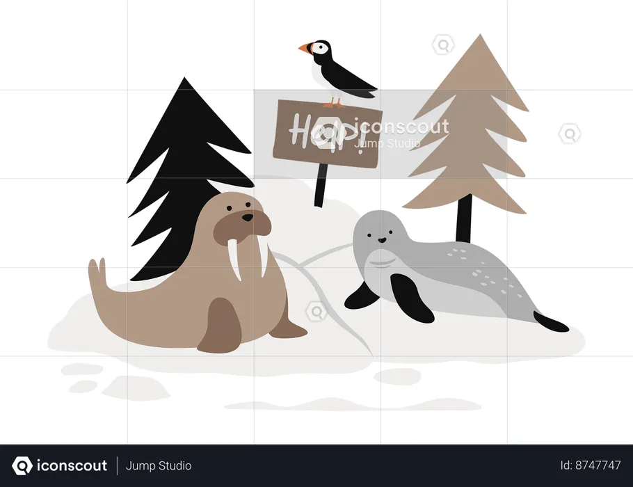 Walrus, Seal and Puffin with Sign On Iceberg  Illustration