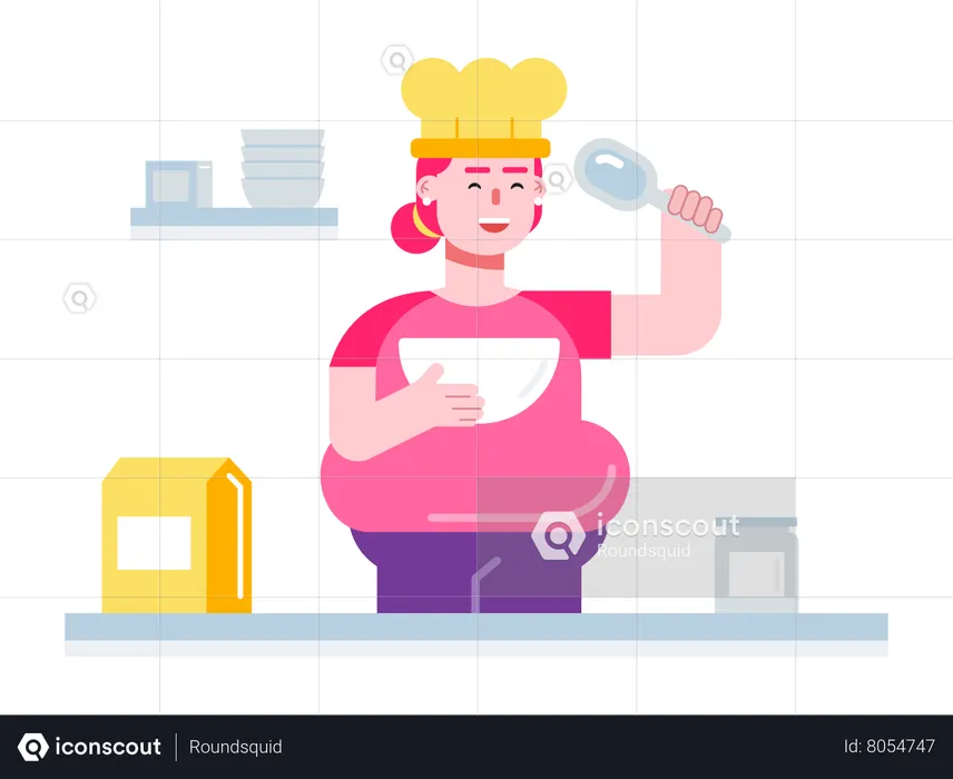 Waman holding a bowl of cake batter and stirring it  Illustration