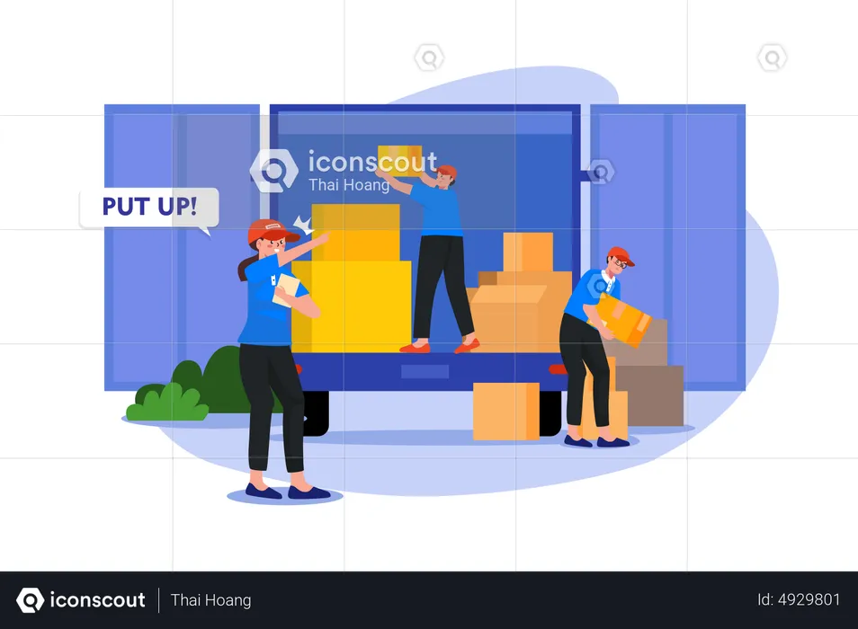 Warehouse manager ordering worker to load boxes in truck  Illustration