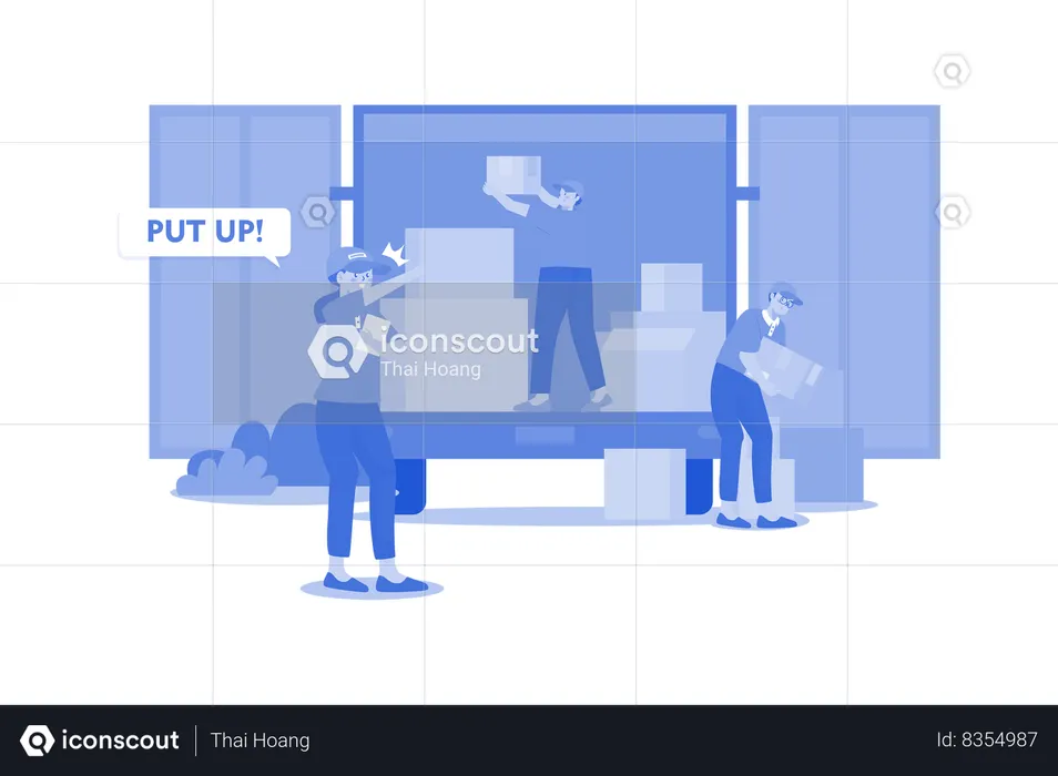 Warehouse manager ordering worker to load boxes in truck  Illustration