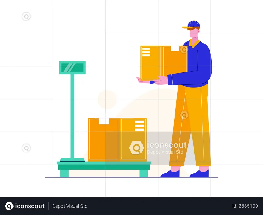 Warehouse worker checking weight of delivery box  Illustration