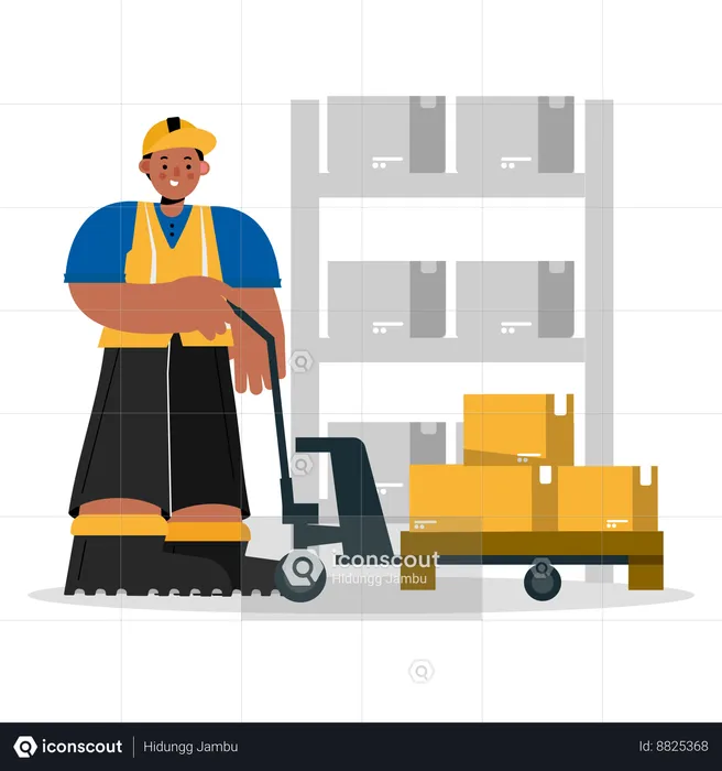 Warehouse worker operating electric fork lifter  Illustration