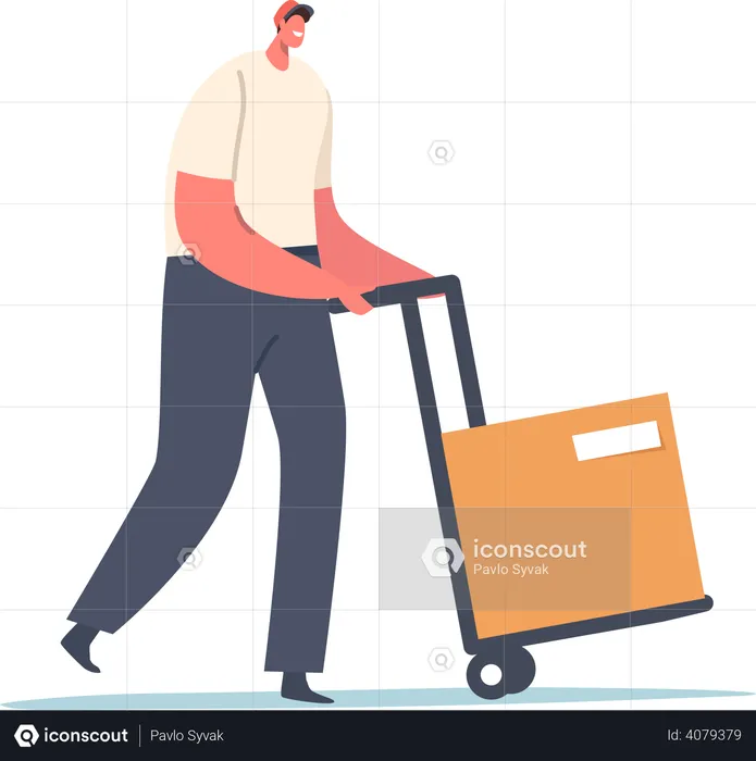 Warehouse worker transporting packages using trolley  Illustration