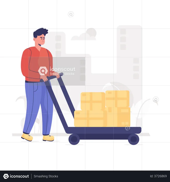 Warehouse worker using pushcart  Illustration